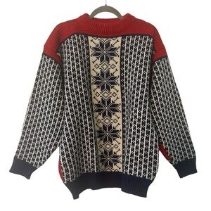 Lillunn for Norway Knitting Vintage 100% Wool Nordic Sweater Red Cream Navy XL
